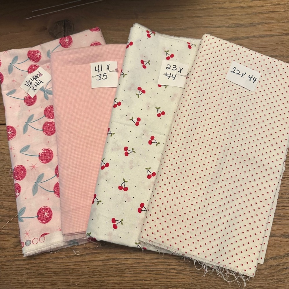 Cotton Fabric Remnants Bundle 2.6 Yards Cherry Disco Gingham Polka Dot Pink Red